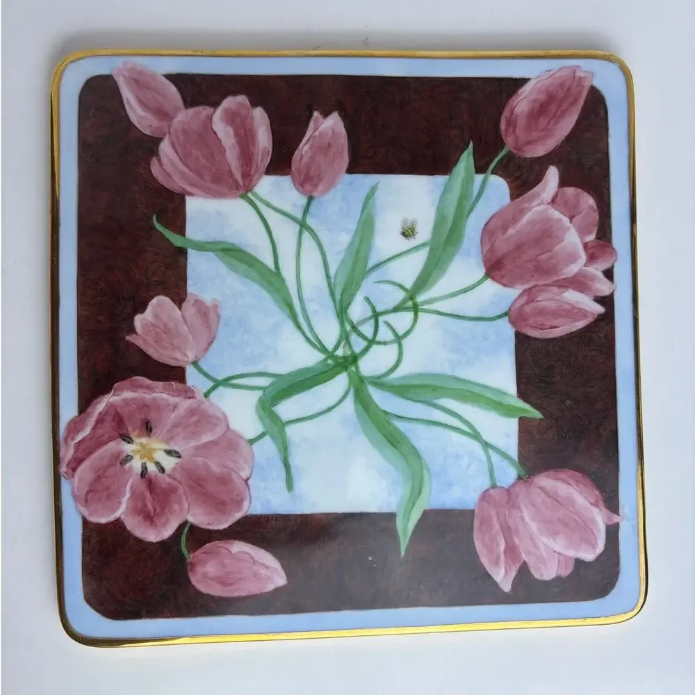 Ceramic Tile Trivet Pink and Green Floral with Bumble Bee, Gold Border 10